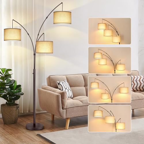 OUTON Tall Arc Floor Lamp - Adjustable, Modern, 3-Light Arched Lamp for Bedroom, Office, and Living Room, 2400lm Mid Century Design with 3 Energy-Efficient LED Bulbs Included, Beige Lampshade - color: Brown+Beige Shade