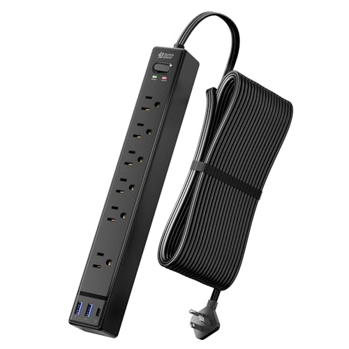 20Ft Long Extension Cord, SUPERDANNY Flat Plug Surge Protector Power Strip | 6 Outlets & 3 USB, Flat Plug Power Strip Wall Mountable, Desk Charging Station for Home, Office, College Dorm Room Essentials - color: Black, size: 20FT