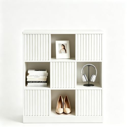 9 Cube Storage Organizer, Wooden Cube Shelves with Closed Back Panel, 3-Tier Storage with 5 Sliding Doors,Cubes Closet Organizer for Living Room,Office,Bedroom,Study,Hallway White - color: B-white, size: 9 Cube Storage