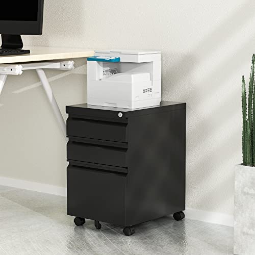 3-Drawer File Cabinet with Lock, Mobile Filing Cabinet, Fully Assembled - color: Black, size: 14.6"W x 24.4"H x 17.3"D - F