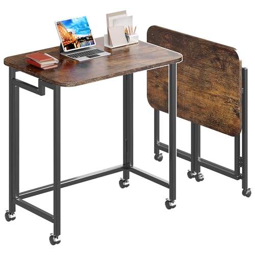 4NM 23.6" Mobile Small Rolling Computer Desk, Folding Laptop Cart Table with Wheels, Portable Office Desk for Small Space Couch Bed - Rustic Brown and Black - color: Rustic Brown and Black, size: 23.6"