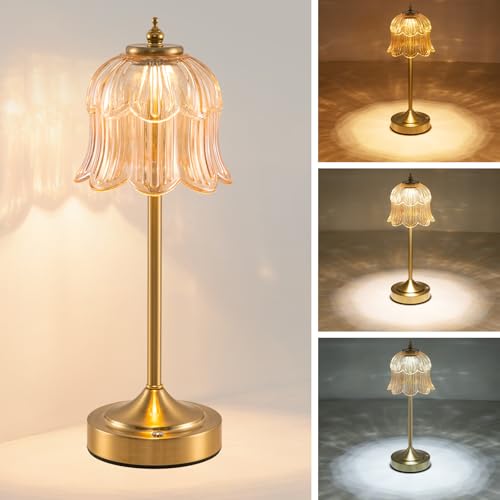 Cordless Table Lamp, Touch Control, 6000mAh Rechargeable Battery-Operated Portable Lamp, 3 Color Temperatures & Stepless Dimming, Vintage Bedside Lamp for Bedroom, Office & Desk, Amber Rose - color: Rose Amber