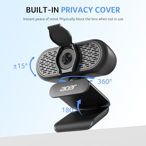 Acer A640 4K Webcam with AI Noise Canceling Mic for Streaming Meetings | Sony 1/2.8" Sensor, PDAF Autofocus, 2K 1080P/60fps, A to C Adapter, Computer Camera for switch 2 Camera Teams Zoom Facetime - color: Light Black