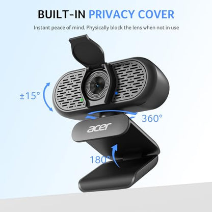 Acer A640 4K Webcam with AI Noise Canceling Mic for Streaming Meetings | Sony 1/2.8" Sensor, PDAF Autofocus, 2K 1080P/60fps, A to C Adapter, Computer Camera for switch 2 Camera Teams Zoom Facetime - color: Light Black