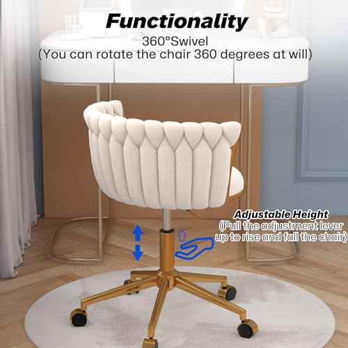 HENGJIANYI Velvet Woven Home Swivel Vanity Desk Chair with Gold Base, Beige | Modern Height Adjustable Office Chair with Metal Base and Hand Weaving Back Wheels for Bedroom Study Small Space girl women - color: Beige