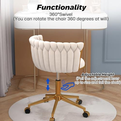 HENGJIANYI Velvet Woven Home Swivel Vanity Desk Chair with Gold Base, Beige | Modern Height Adjustable Office Chair with Metal Base and Hand Weaving Back Wheels for Bedroom Study Small Space girl women - color: Beige