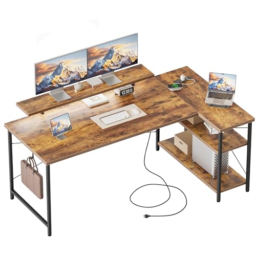 Mericonia 55 in L Shaped Gaming Desk, Large Corner Desk with Monitor Stand - color: Brown, size: 55 inch