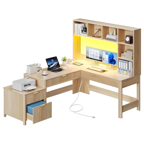 YITAHOME L Shaped Desk with Hutch & Drawers, Natural Oak, 67" | Computer Desk Gaming Desk, Power Outlets & LED Lights, Wood Home Office Desk with Printer Stand
