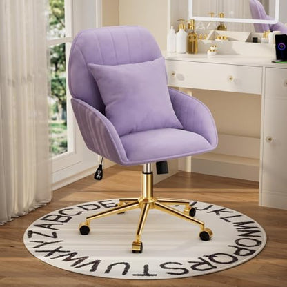 Home Office Desk Chair Comfy with Adjustable Swivel Wheels, Modern Velvet Makeup Vanity Chair with Back & Pillow, Ergonomic Office Chair Computer Task Chair for Living Room, Bedroom, Purple - color: Purple