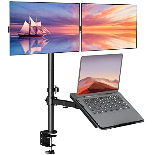 WALI Dual Monitor and Laptop Stand for 17" Notebook and 27" Screens | Triple Monitor Desk Mount with Laptop Tray, Extra Tall Adjustable Monitor Stand, VESA 75/100mm, Black (M002XLLP) - color: Black (Adjustable), size: Triple