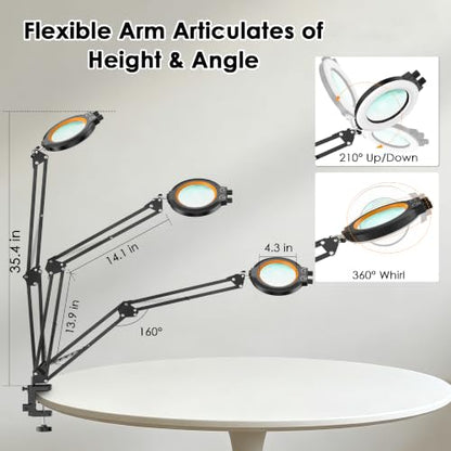 12X Magnifying Glass with Light and Stand Hands Free, Long Swing Arm Desk Magnifying Light with Clamp for Close Work, Dimmable Lighted Magnifier Lamp for Soldering Craft Jewelry Bench Sewing