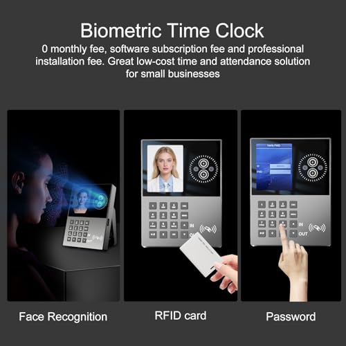 Employee Time Clock-Time Clocks for Employees Small Business Face Recognition,Badges&PIN Attendance Machine, 0 Monthly Fee Office in/Out Punch Clock, with 5 Badges & USB Flash Drive-T500