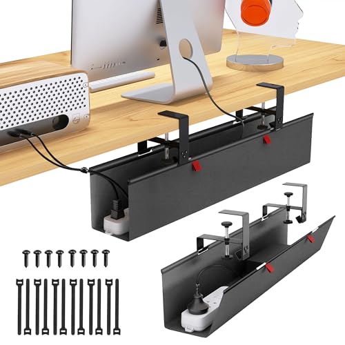 Under Desk Cable Management Tray - Under Desk Cord Management - Clamp/Screw Mount - Fabric Wire Management - Cable Raceways Tray Cord Hiders for Office/Home (Black, 28.5×5.6") - color: Black, size: 28.5"×5.6"