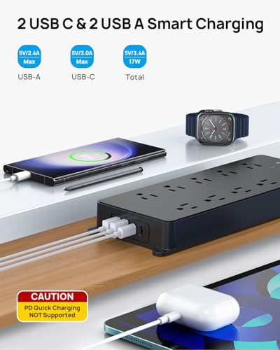 TROND Surge Protector Power Strip with 360° Rotating Flat Plug, 4000J - color: Black, size: 5FT (Rotating Plug)