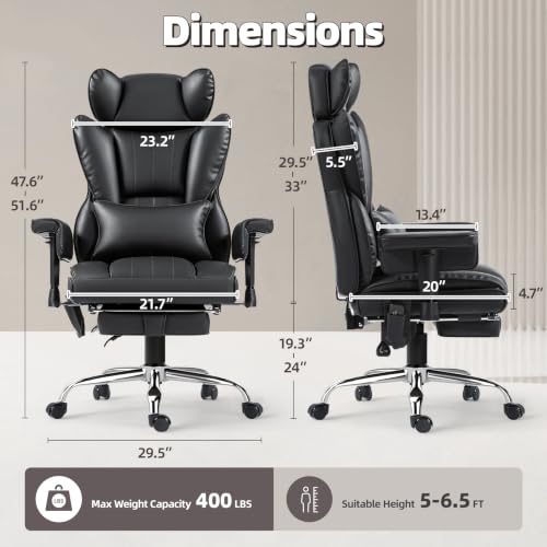 6 Points Massage Heated Home Office Chair with Foot Rest, Black - color: Black