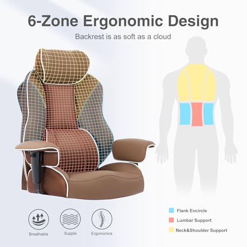 DJ·Wang Big and Tall Office Chair with Foot Rest, High Back Executive Office Chair PU Leather, Ergonomic Chairs with Lumbar Support, 135° Reclining Chairs with Thickened Spring Cushion Brown - color: Pu Brown