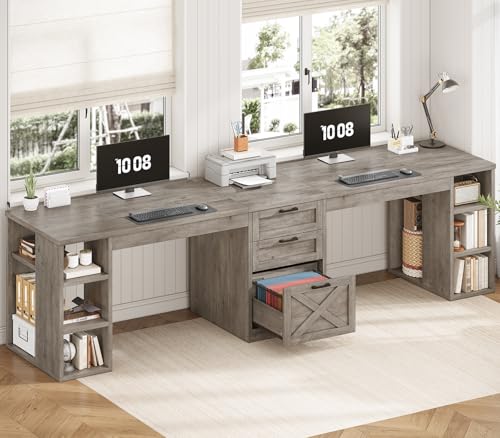 SEDETA Farmhouse 96.5" 2 Person Computer Desk with Drawers, Grey | Home Office Desk, Gaming Double Desk with Storage Shelves, Long Two Person Writing Desk - color: Grey