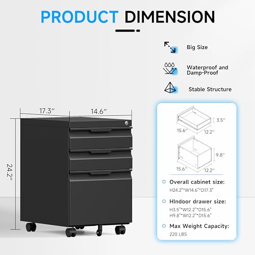 Bestoo Mobile File Cabinet, 3 Drawers Filing Cabinet with Wheels | Lockable, Metal File Cabinet, Under Desk File Cabinet, Suitable for Letter/Legal/A4/ File Folder, Easy to Assemble - color: Black, size: 3Drawer-Mobile-24.2"H