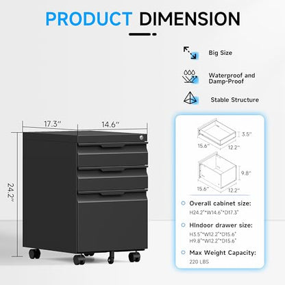 Bestoo Mobile File Cabinet, 3 Drawers Filing Cabinet with Wheels | Lockable, Metal File Cabinet, Under Desk File Cabinet, Suitable for Letter/Legal/A4/ File Folder, Easy to Assemble - color: Black, size: 3Drawer-Mobile-24.2"H