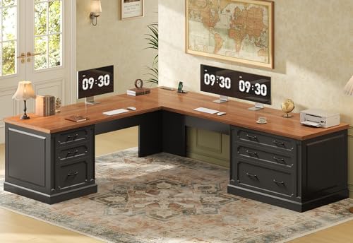 SEDETA Farmhouse 78.8" L Shaped Desk with 6 Drawers, Home Office Desk with Power Outlet, File Cabinet Storage, Wood Corner Computer Desk for Work and Study, Black+Brown - color: Black+brown, size: 78.8" L Shaped Desk