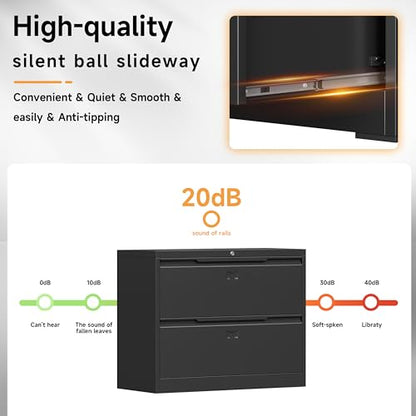 Bestoo 2 Drawer File Cabinet, Metal Lateral Filing Cabinet with Lock - color: Black, size: 2 Drawer 15.7" D x 35.4" W x 28" H