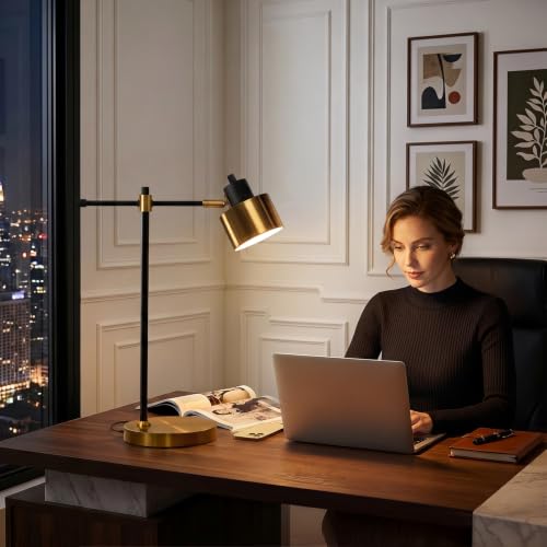 22.2" Modern Desk Lamp, Metal Table Lamp with LED Bulb, Adjustable Reading Lamps for Living Room, Mid Century Task Lamp for Home Office, Industrial Bedside Lamps with Solid Base,Black and Gold - color: Black and Gold