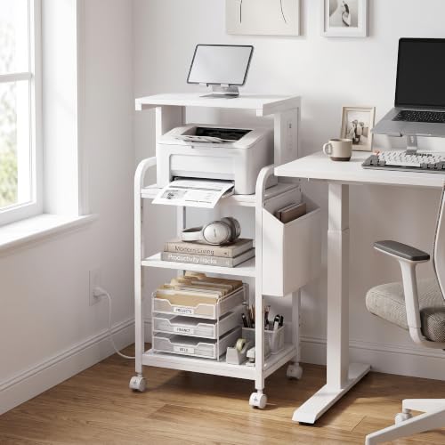 Tall Printer Stand with Charging Station, 4-Tier Large Printer Table Adjustable Shelf, Mobile Printer Cart on Wheels Heavy Duty for Home Office, Fits 3D Printer Shredder Scanner Fax, Pure White - color: White, size: 20.9''x15.7''