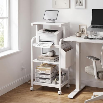 Tall Printer Stand with Charging Station, 4-Tier Large Printer Table Adjustable Shelf, Mobile Printer Cart on Wheels Heavy Duty for Home Office, Fits 3D Printer Shredder Scanner Fax, Pure White - color: White, size: 20.9''x15.7''