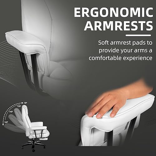 Reclining Office Chair with Footrest, Big and Tall Home Office Desk Chairs 400lbs with High Back, Criss Cross Wide Seat, Heavy Duty Base, Pu Leather, White - color: White