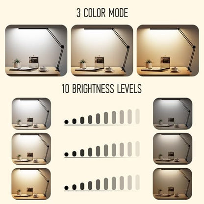 LED Desk Lamp, Manicure Table Lamp, Eye-Caring Drafting Light, Dimmable Office Table Lamp with 3 Color Modes, 10 Brightness Levels & Adapter, Memory Function(Black) - color: Black