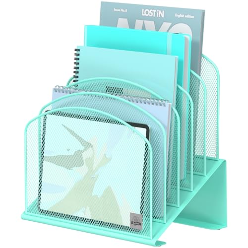 Delifox Inclined Desk File Organizer,Vertical File Folder Holder Stand Metal Rack File Sorter for Office Classroom Desktop Organization (1, Aqua, 5) - color: Aqua, size: 1Pack