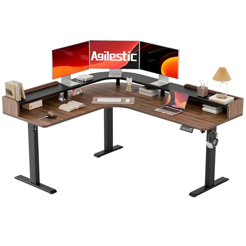 Agilestic L Shaped Standing Desk with Monitor Shelf, 63 Inch, Dark Walnut - color: Dark Walnut, size: 63 x 55 Inch with shelf