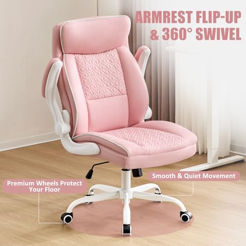 Leather Office Chair, Computer Desk Chair with Lumbar Support,Height Adjustment, Comfortable Excutive Task Chairs 400lbs with Padded Flip-up Armrests, Pink - color: Pink