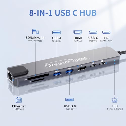 8-in-1 Laptop Docking Station USB C Hub with 4K HDMI & 100W PD | Aluminum 8-in-1 USB C Hub with USB 3.0(5Gbps), USB 2.0, USB-C, Ethernet, SD/TF Card Reader for Laptop MacBook