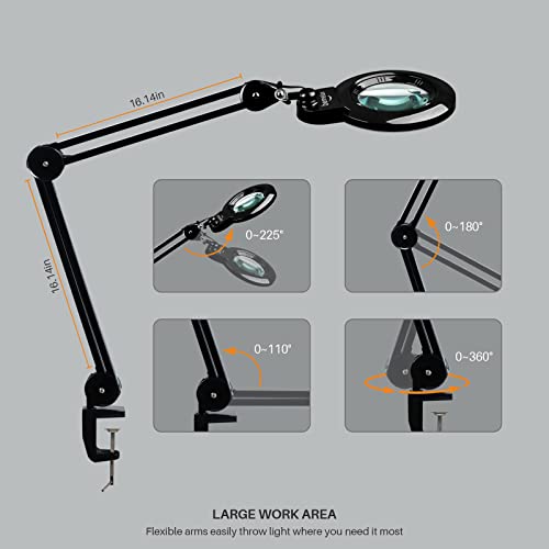 Bifocals Magnifying Desk Lamp with Clamp, 5 Diopter with 20 Diopter, 6 Inch Detachable Lens and 120PCS LEDs, 3 Color Modes 1200 Lumens Swivel Arm Magnifying Lamp with Light for Crafts (Black) - color: Black