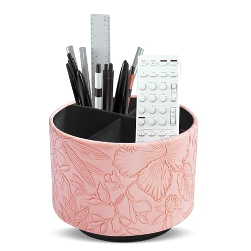 Round Leather Art Supply Organizer,Remote Control Holder,360 Degree Spinning,Multi-Functional Pencil Holder,4 Compartments Desktop Stationary Organizer(1-Carved Pink) - color: 1-Carved Pink