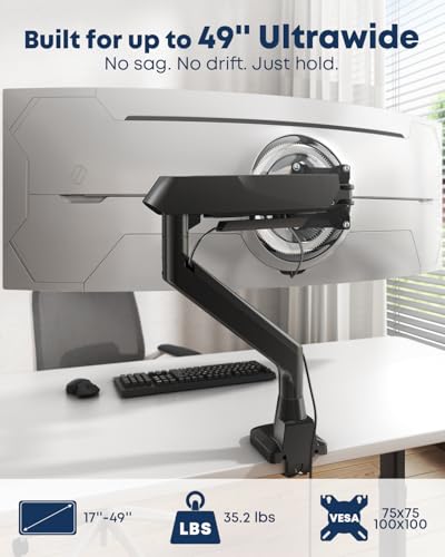 Ultrawide Monitor Arm fits 17-49 Inch Heavy Duty Flat/Curved Monitor | Cable Management, Full Motion, Gas Spring Arm, Holds 35.2 lbs with Clamp & Grommet Desk Mount, VESA 75/100mm, Black - size: Single Arm 17-49 Inch