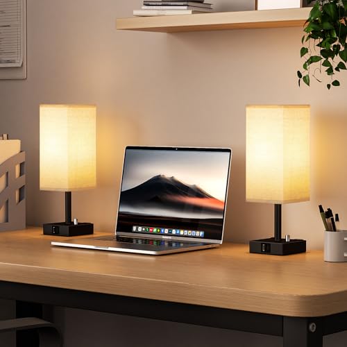 Bedside Table Lamps Set of 2 for Bedroom - Dimmable, USB C+A, 2 AC Outlets | Stepless Dimmable by Rotary Knob, 3000K LED Bulbs Included, Square Beige Linen Shade, Nightstand Lamp for Living Room, Desk - color: Beige