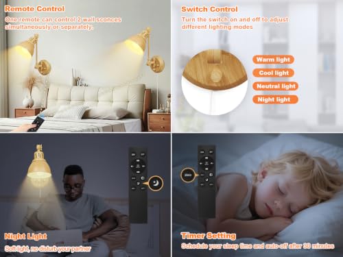 GOODATE 2 Pack Plug in Wall Sconces with Remote Control, Dimming, Adjustable Colors 2700K-6500K, Swing Arm Wall Lamps with Night Light & Timer, Plug-in or Hardwired, LED Bulbs Included, Oak Finish - size: Oak-2 PACK(Bulbs+Remote)