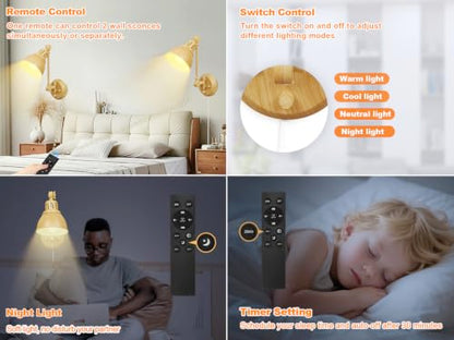 GOODATE 2 Pack Plug in Wall Sconces with Remote Control, Dimming, Adjustable Colors 2700K-6500K, Swing Arm Wall Lamps with Night Light & Timer, Plug-in or Hardwired, LED Bulbs Included, Oak Finish - size: Oak-2 PACK(Bulbs+Remote)