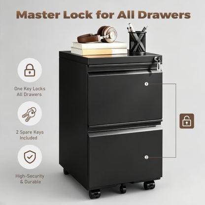 Approgreent 2 Drawer Metal File Cabinet, Fully Assembled Locking Filing Cabinet with Anti-Tipping Wheels, Quiet Slide, Heavy-Duty Steel Construction, Fits A4 Letter Legal for Home Office, Matte Black - color: 04-b Black