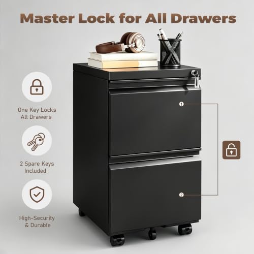Approgreent 2 Drawer Metal File Cabinet, Fully Assembled Locking Filing Cabinet with Anti-Tipping Wheels, Quiet Slide, Heavy-Duty Steel Construction, Fits A4 Letter Legal for Home Office, Matte Black - color: 04-b Black