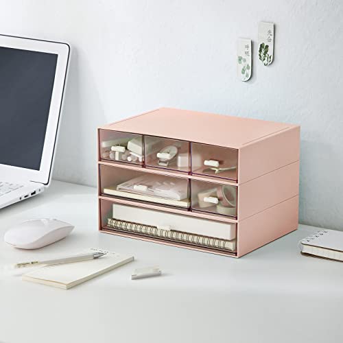 MILULUGO Desk Organizer with 6 Drawers, Makeup Organizer, Plastic Makeup Storage, Cosmetic Storage Organizer, Desk Storage Box, Bathroom Organization Boxes, Desktop Storage Box(Pink) - color: Pink