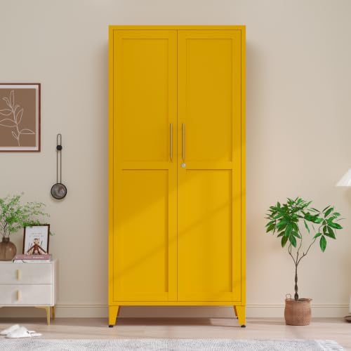 61" H Yellow Metal Storage Armoire Cabinet, Lockable Steel Cabinet, 2-Door Tall Locker with 3 Adjustable Shelves, Freestanding Steel Utility Cabinet for Bedroom, Office, Living Room - color: Yellow, style: 61"H-Cabinet-YX