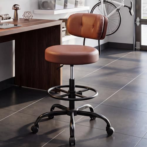 Homkdom Drafting Chair 17.32" Wide Seat & 3.94" Thick Cushion | Height-Adjustable Office Chair with Footrest Ring for Standing Desk, Auto-Lock Gravity Casters - PU Leather Brown - color: Brown