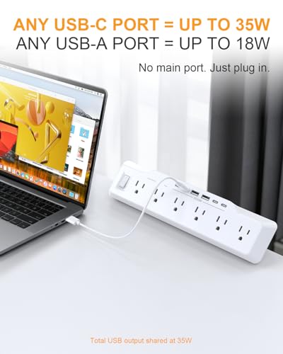 Desk Clamp Power Strip Surge Protector, 6 Outlets, Flat Plug, 1800J, 4 USB-C Ports (Any Port 35W), for Home & Office, Flame-Retardant PC-ABS Housing, Fits 1.96" Desk Edge, White - style: Desk Clamp Socket - White