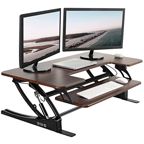 VIVO Dark Walnut 42 in Standing Desk Converter, DESK-V000VLD | Large, Height Adjustable, Stand Up Desk Riser, Wide Keyboard Tray, Dual Monitor and Laptop Workstation, Black Frame, V Series - color: Dark Walnut, size: 42"