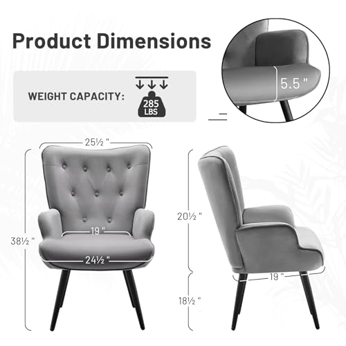 Furniliving Modern Accent Chair, Velvet Tufted Button Wingback Chair Upholstered Side Armchair Comfy Lounge Chair with Tapered Legs Sofa Leisure Chair for Home Office/Living Room/Bedroom, Grey - color: Grey, size: Set of 1