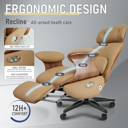Ergonomic Leather Office Chair,Electric Recline/Footrest/Massage | 90-135° recline, footrest, 3-level massage, S-curve support, fits 5'3-6'1, solid wood, all-day comfort for home office,brown - color: Brown