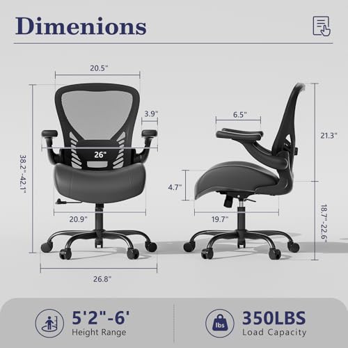 GYI Ergonomic Office Chair with Memory Foam Cushion, Computer Desk Chair | 4.7" Thickened Seat , 3D Flip-up Arms, Adjustable Lumbar Support, 350 lbs Capacity, Black - color: Black